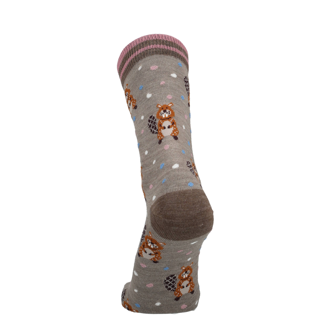 Merino Socke mit Biberprint, grau mit blauen Punkten und gestreiftem Bund, dunkelrote Zehe