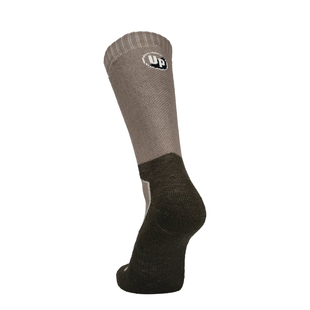 Wandersocken Taupe Melange mit UP-Logo am Bund und dunkler Fersenverstärkung