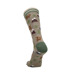 Merino Socken mit Waldprint, Taupe Melange mit wiederkehrenden Tieren und Bäumchen