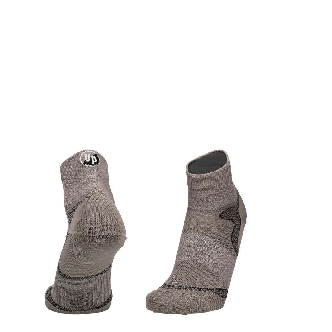 Taupe Melange Merino Wandersocken mit UP-Logo und verstärkter Ferse und Zehe