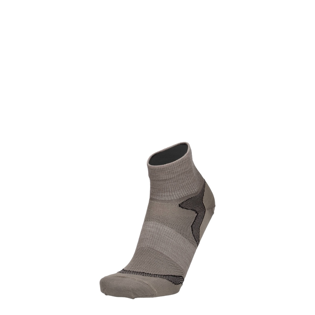 Taupe Melange Merino Wandersocke mit grauem Einsatz am Spann, knöchelhoch