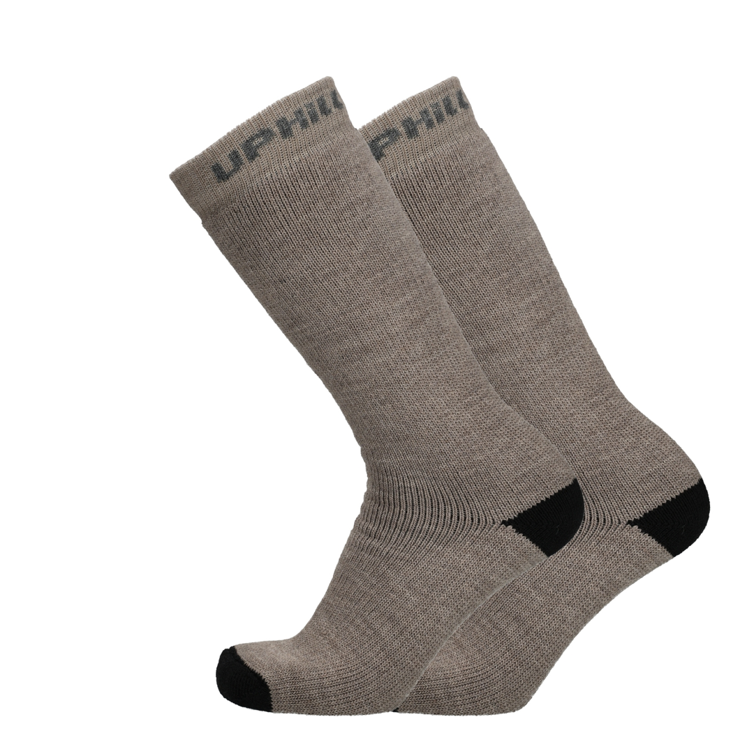 Taupe Melange Merinosocke mit schwarzer Zehe und Ferse, hoher Bund.