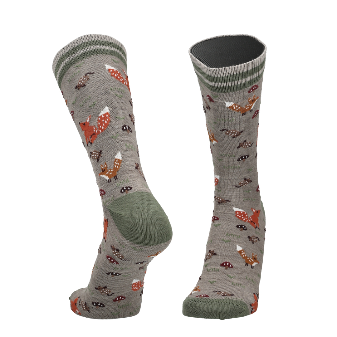 Merino Socken mit Fuchsprint, Taupe Melange als Paar mit grüner Zehe