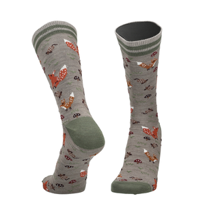 Merino Socken mit Fuchsprint, Taupe Melange als Paar mit grüner Zehe