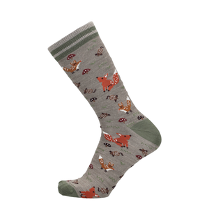 Merino Socke mit Fuchsprint, Taupe Melange mit grünem Bund und Zehe