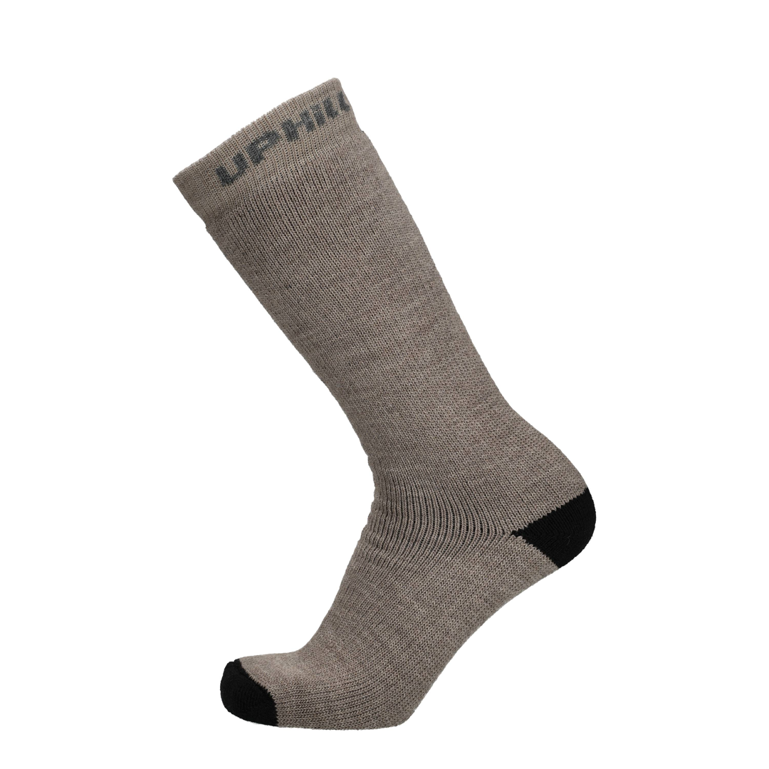 Taupe Melange Merinosocke mit schwarzer Zehe und Ferse, hoher Bund.