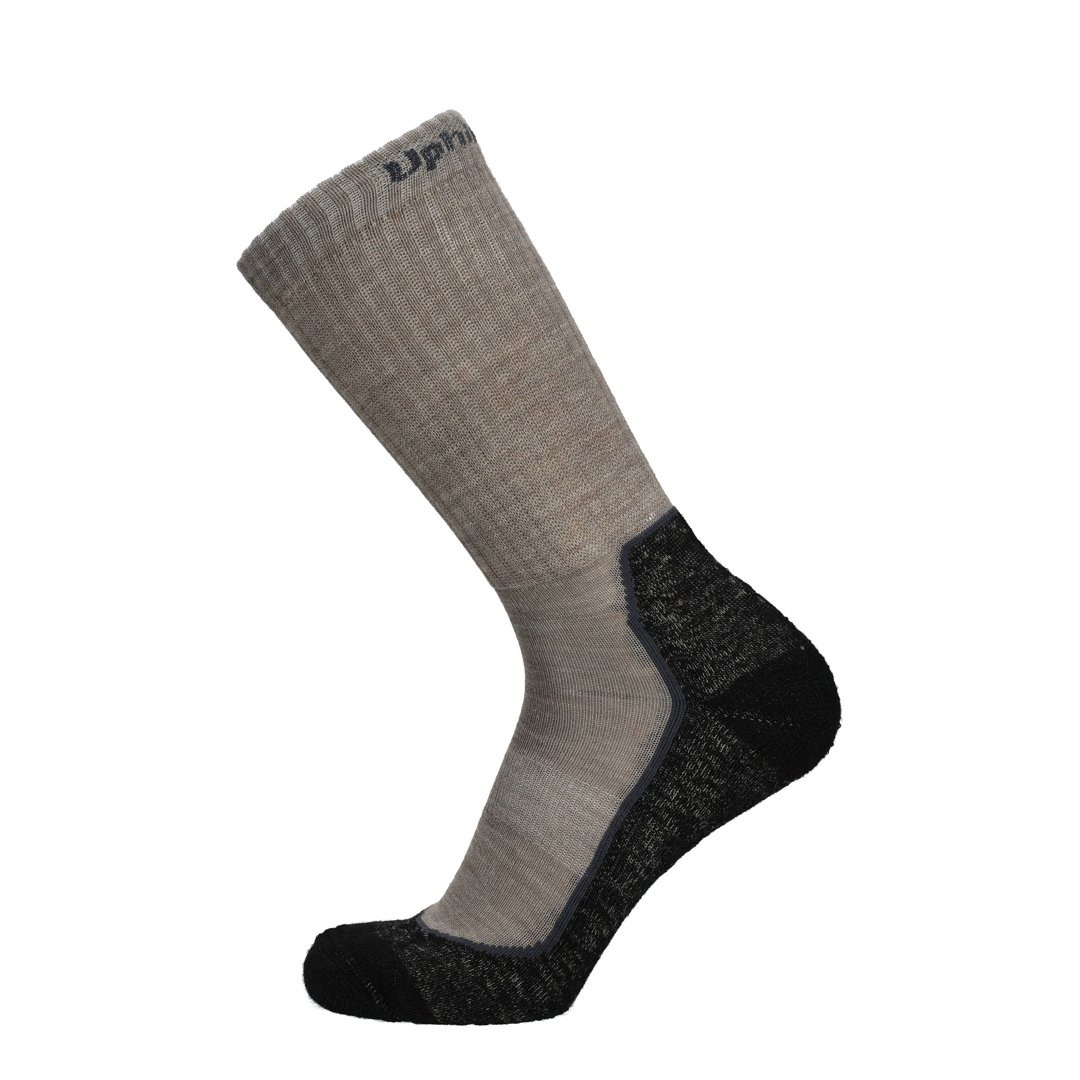 Taupe Merino Socke mit schwarzer Ferse und Zehenbereich, gerippter Schaft