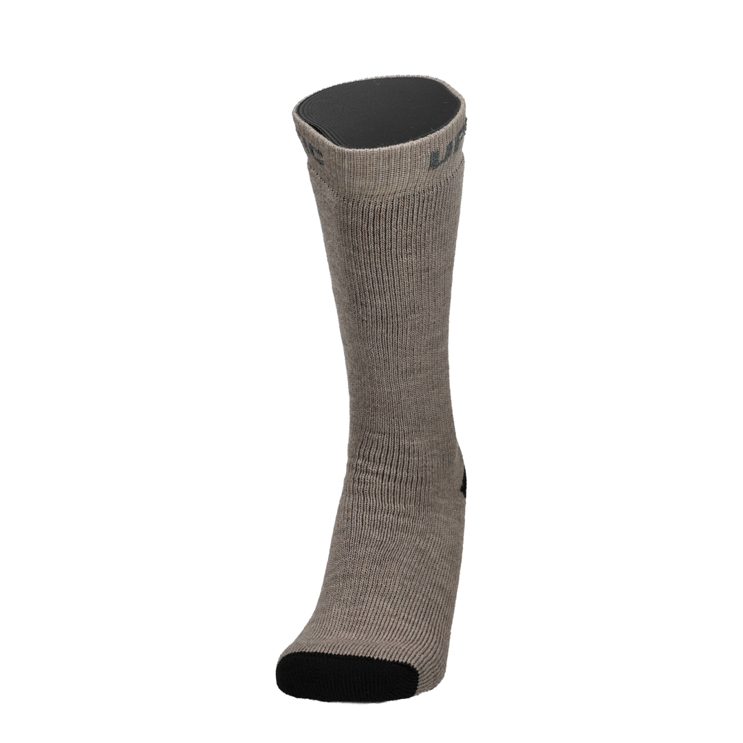 Taupe Melange Merinosocke mit schwarzer Zehe und Ferse, Rückansicht.