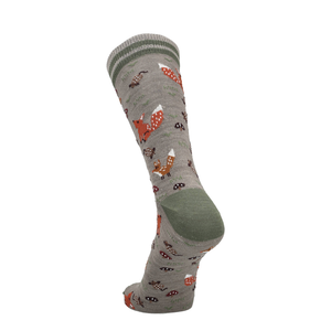 Merino Socke mit Fuchsprint, Taupe Melange mit grünem Bund und breiter Zehe