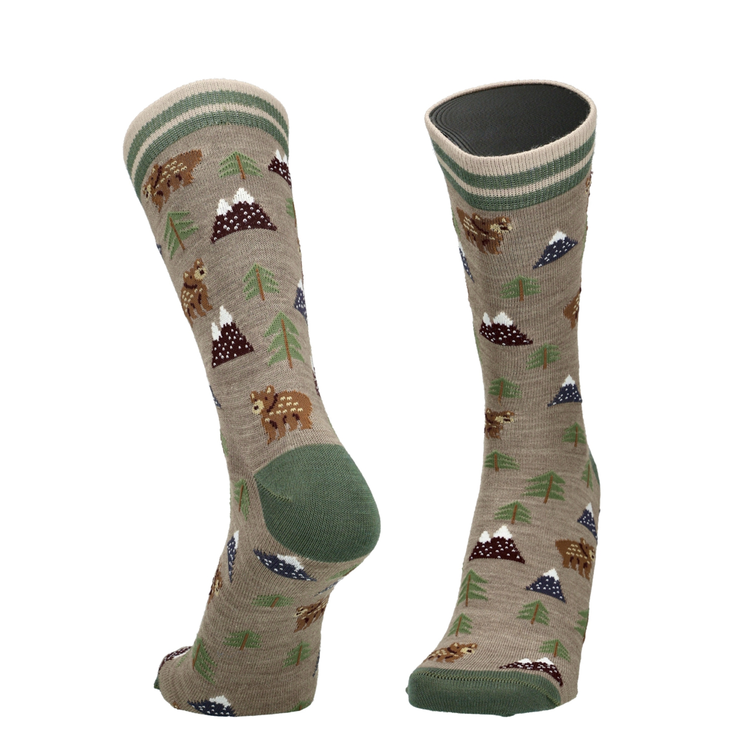 Merino Socken mit Waldprint, Taupe Melange als Paar mit grünem Rand und Tieren