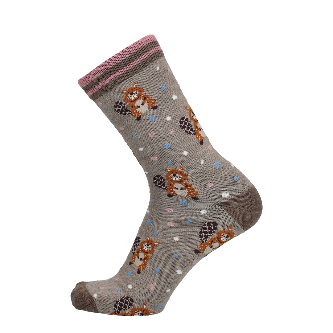 Merino Socken mit Biberprint, grau mit blauen und rosa Punkten, dunkle Ferse und Zehe
