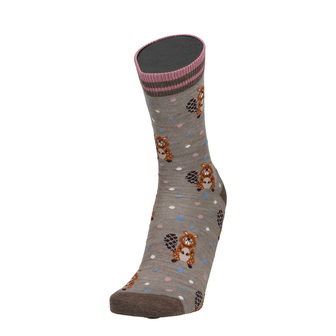 Merino Socke mit Biberprint, grau mit blauen und rosa Punkten, rosa gestreifter Bund
