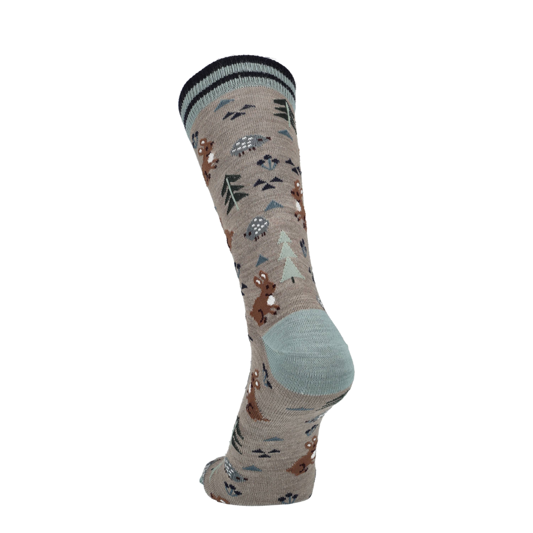 Beige Merino Socke mit Hasenprint, hellblauer Sohle und schwarzem Bund