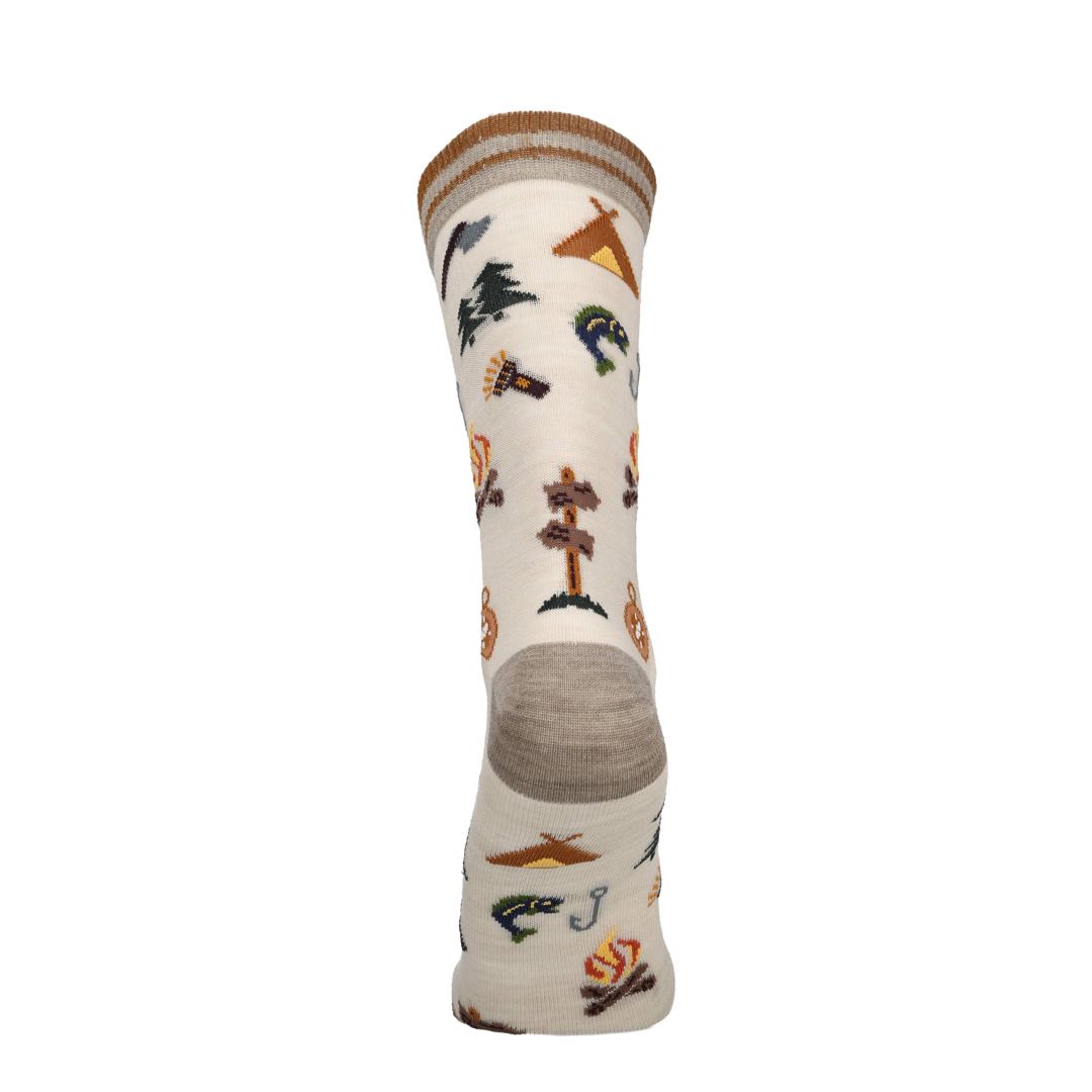 Beige Merino Socke mit Campingprint und braunem Rippbund, Rückansicht des Schafts.