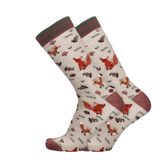 Merino Socken mit Fuchsprint, beige mit rot/rosa Bund und Ferse