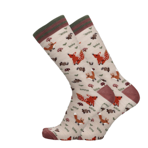 Merino Socken mit Fuchsprint, beige mit rot/rosa Bund und Ferse