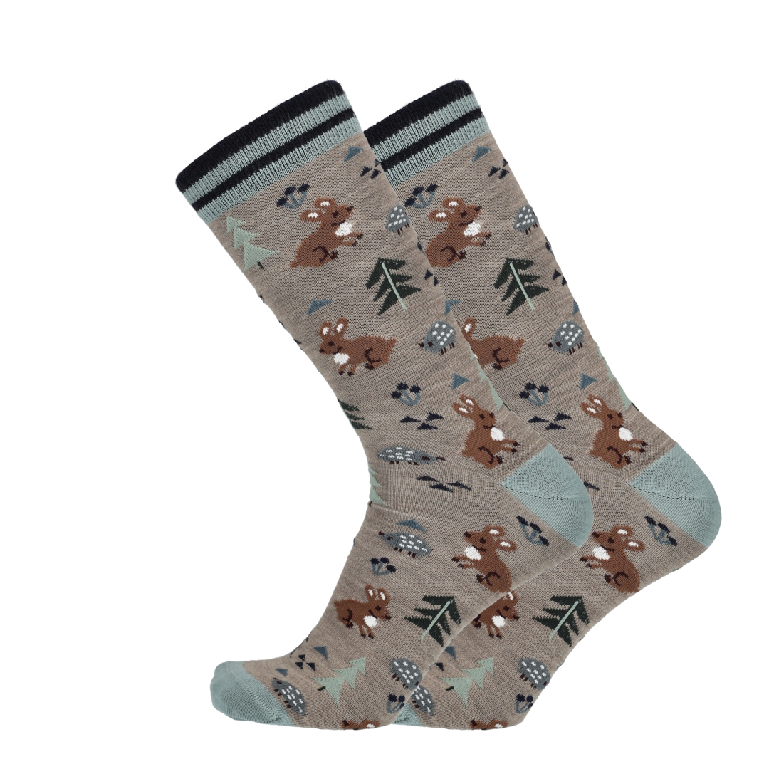 Beige Merino Socken mit Hasenprint und schwarzem Rippbund