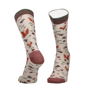 Merino Socken mit Fuchsprint als Paar, beige mit rot/rosa Bund und Zehe