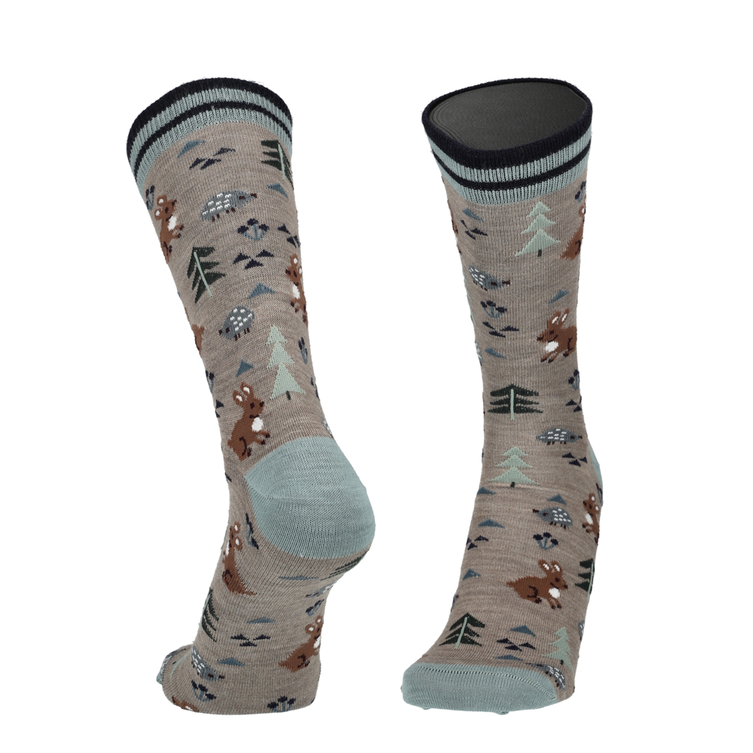 Beige Merino Socken mit Hasenprint, Paar mit hellblauer Ferse und schwarzem Bund