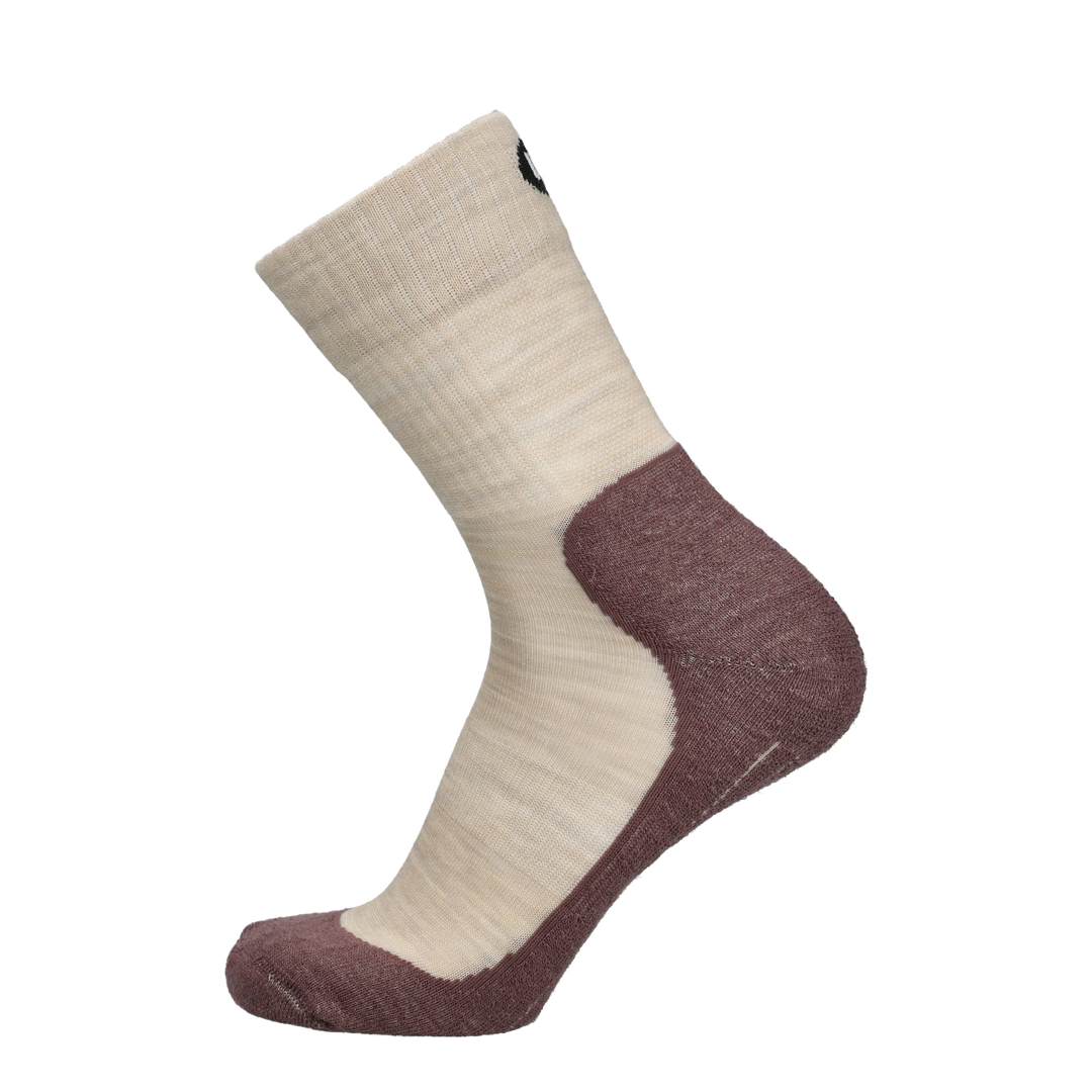 Wandersocken beige mit bordeauxroter Zehe und Ferse, hoher gerippter Bund