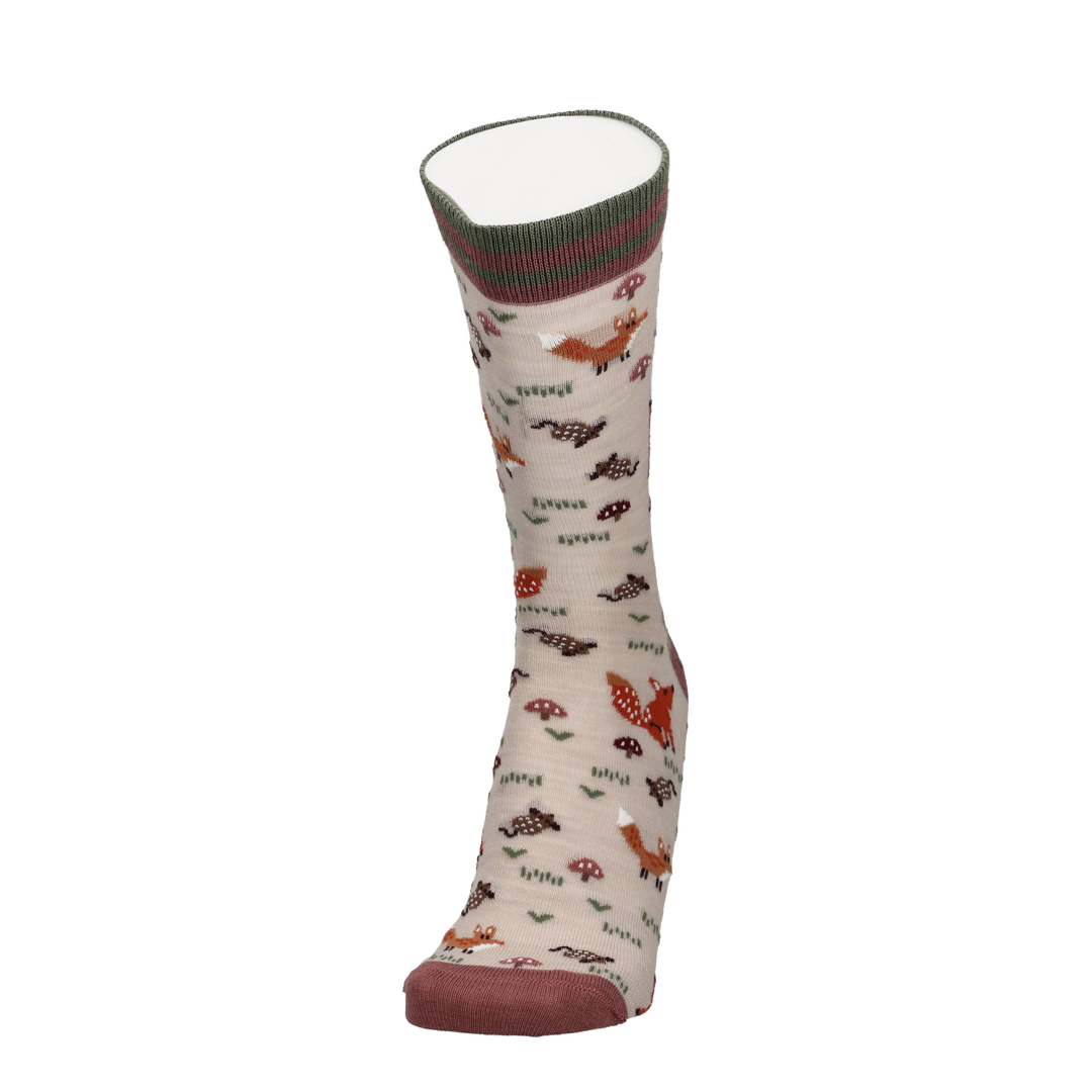 Merino Socken mit Fuchsprint, beige, mit rot/rosa Bund und flacher Zehe