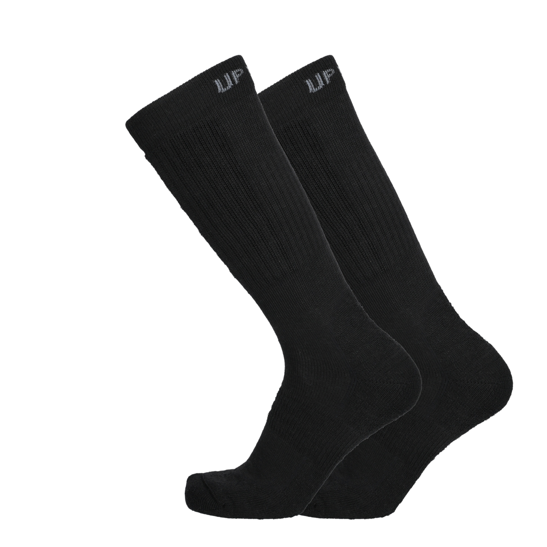Schwarze taktische Merino Socken, hohes Crew-Modell mit Markenprint oben