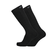 Schwarze taktische Merino Socken, hohes Crew-Modell mit Markenprint oben