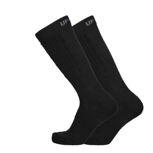 Schwarze taktische Merino Socken, hohes Crew-Modell mit Markenprint oben