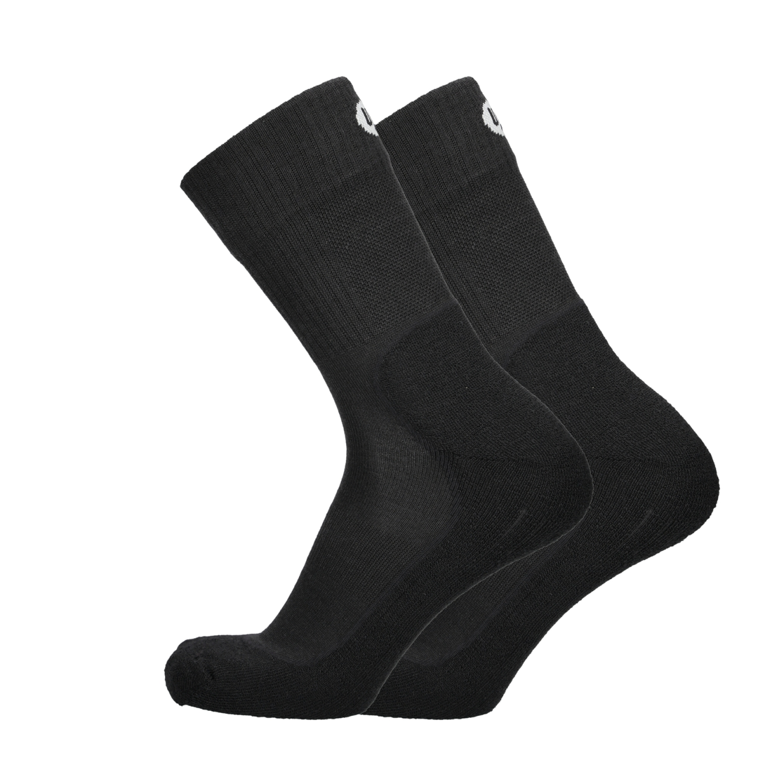 Wandersocken schwarz mit dunklerem Einsatz an Zehe und Ferse, gerippter Bund