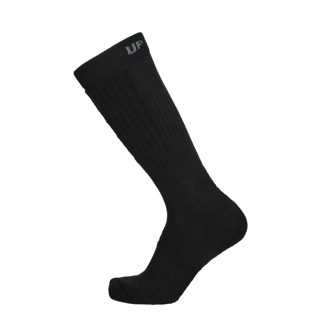 Schwarze taktische Merino Socke, hohes Crew-Modell mit Markenlabel oben