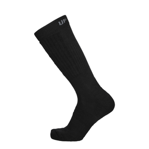 Schwarze taktische Merino Socke, hohes Crew-Modell mit Markenlabel oben