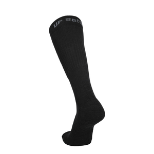 Schwarze taktische Merino Socke mit Markenlabel oben und geripptem Schaft