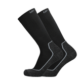 Schwarze Merinosocken mit grauer Zehen- und Fersenzone sowie grauen Akzentstreifen am Fuß