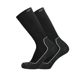 Schwarze Merinosocken mit grauer Zehen- und Fersenzone sowie grauen Akzentstreifen am Fuß