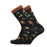 Schwarze Merino Socken mit Campingprint und orangefarbenem Rippbund, mit Fußeinsatz.