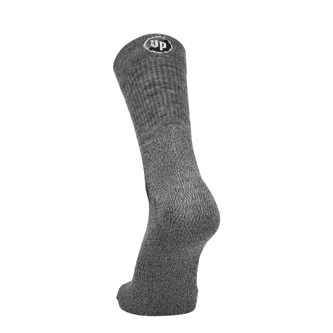 Merino Laufsocke grau mit Logo oben und weicher, verdickter Sohle