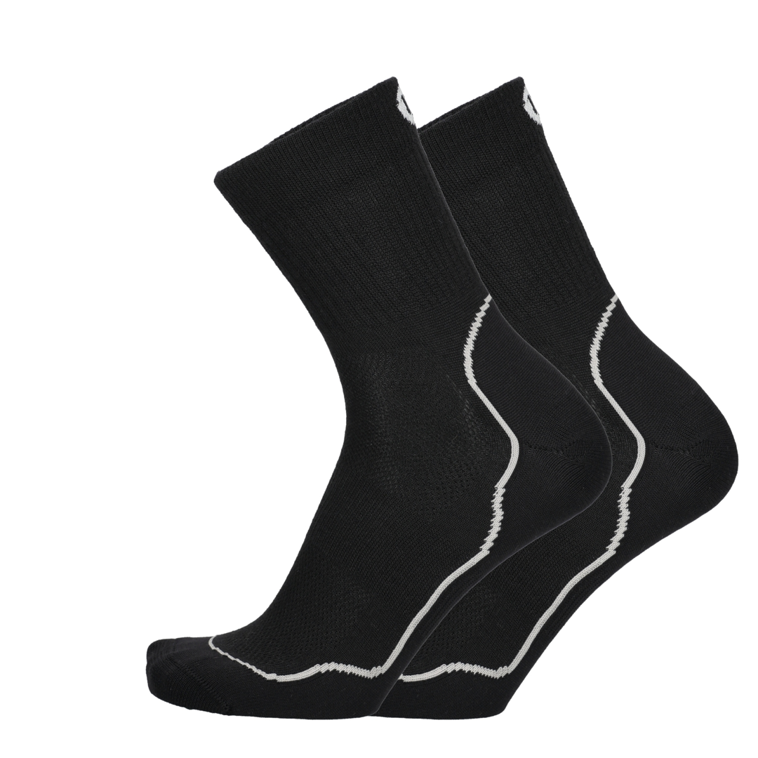 Merino Laufsocken schwarz mit weißen Nähten und Meshzonen am Fuß