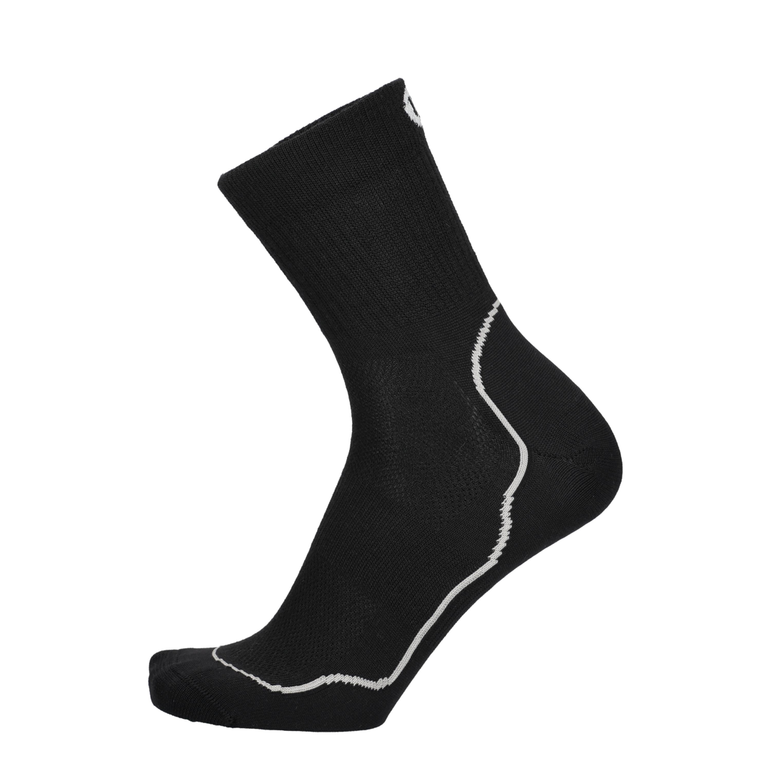 Merino Laufsocke schwarz mit weißen Konturen und Mesheinsatz am Fuß