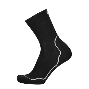 Merino Laufsocke schwarz mit weißen Konturen und Mesheinsatz am Fuß