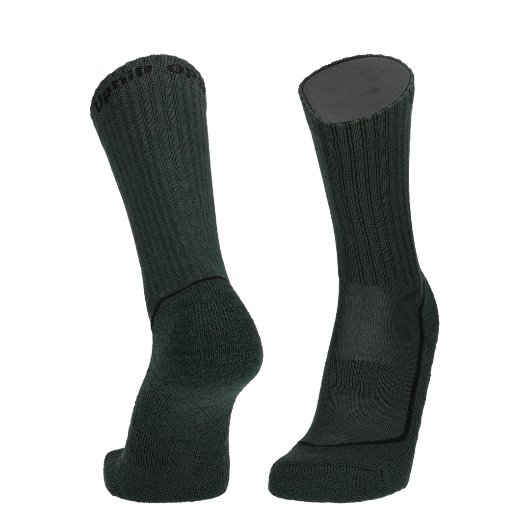Grüne Merinosocken mit dunkelgrauer Schaftzone und verstärktem Zehen- und Fersenbereich
