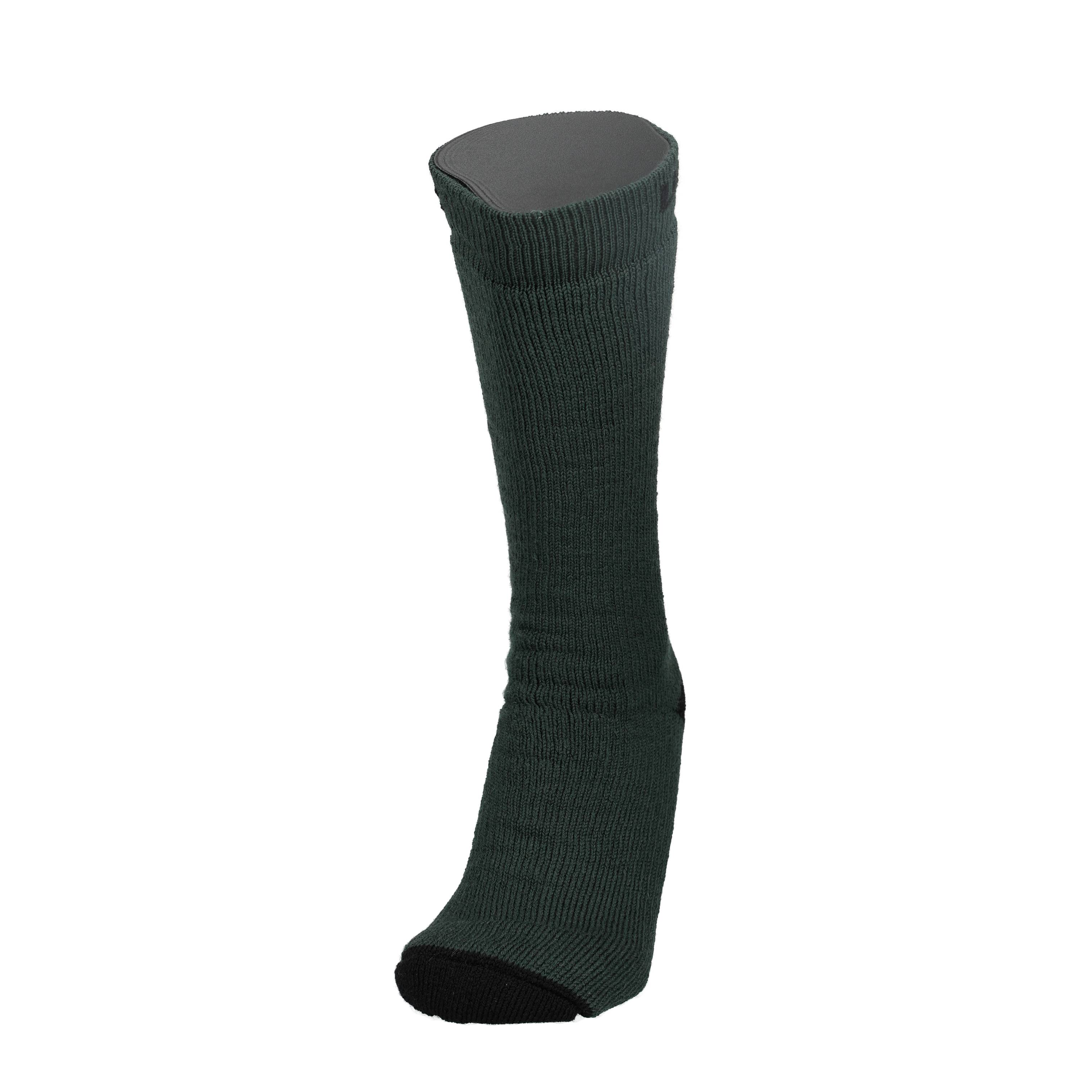 Taupe Melange Merinosocke mit schwarzer Zehe und Ferse, Seitenansicht.
