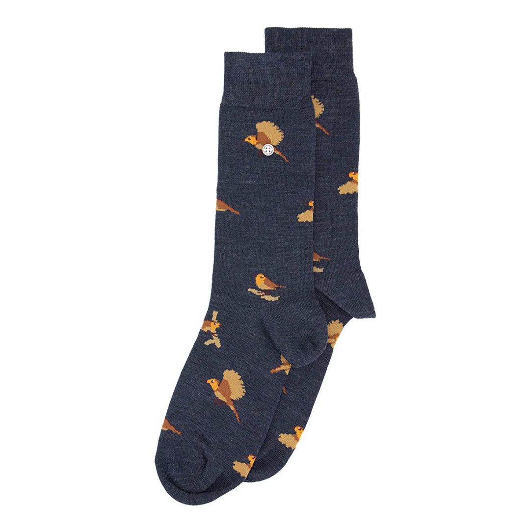 Dunkelblaue Merino Socken mit Rotkehlchen-Print für komfortables Tragen im Alltag