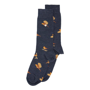 Dunkelblaue Merino Socken mit Rotkehlchen-Print für komfortables Tragen im Alltag